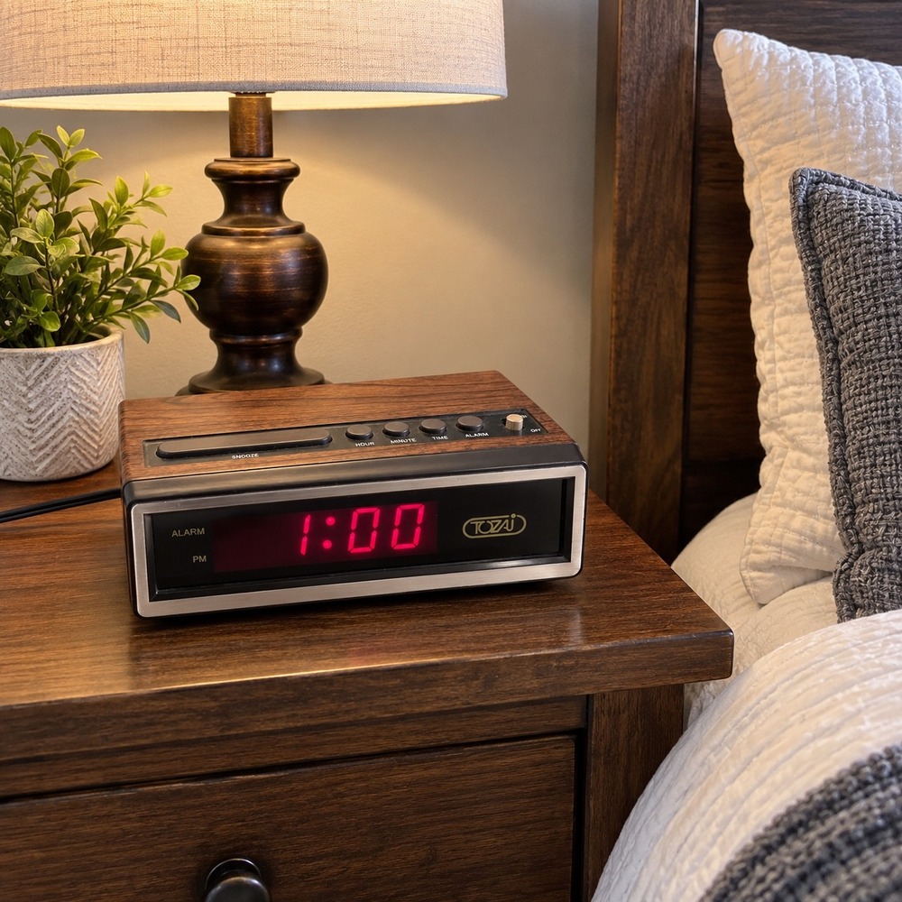 Tozai ATC-3035 Digital LED Alarm Clock Wood Grain Red Display Vintage 2000s